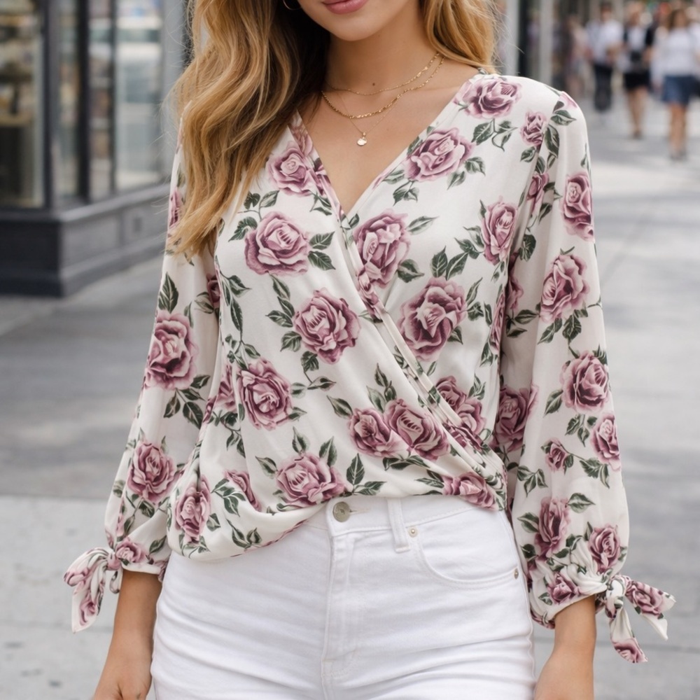 Lily black floral chiffon faux wrap top ❤️